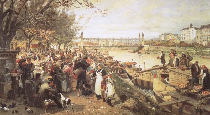 viennese street csene during the of brahms  the fruit market on the quayside near the maria theresa bridge, robert schumann